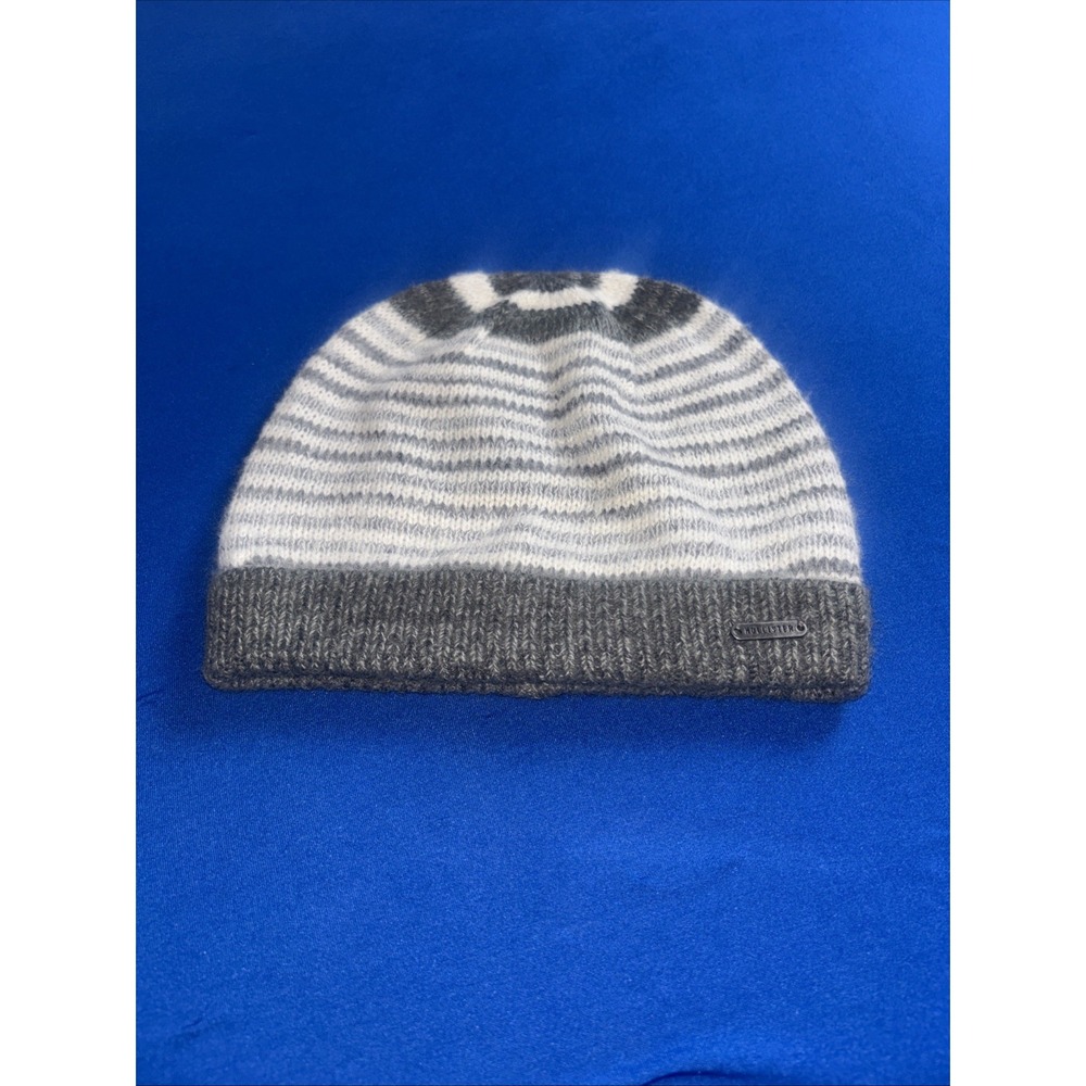 Hollister Women's Beanie  One Size Gray/White Stripes Cuffed Ribbed Brim Cozy